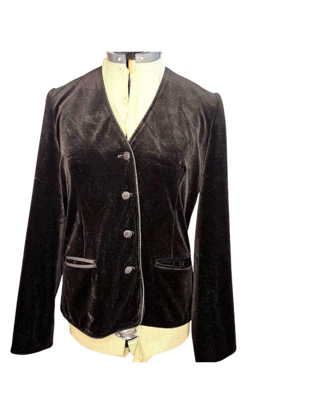 Woman's ACT3 dark grundge minimalist v-neck double pocketed velvet blazer size S